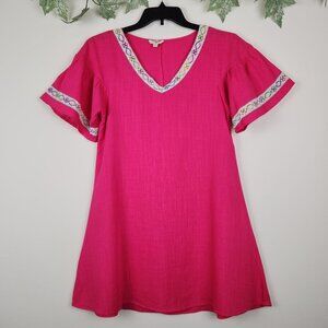 Umgee Size S Linen Blend Pink With Crochet Trim Casual Boho V Neck Dress